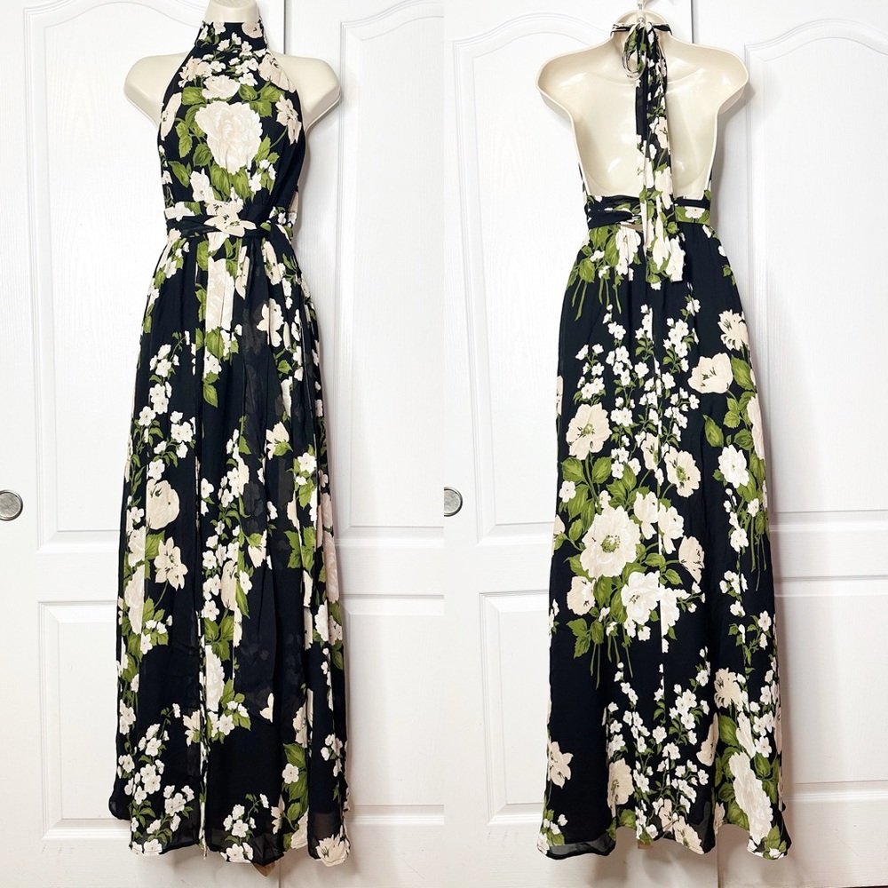 Reformation Andee Floral Halter Maxi Dress in Raven Open Back Slit Size 2 NWT - Picture 5 of 15
